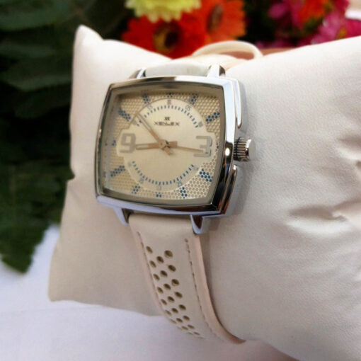 White Rectangle Watch Xenlex Rectangle Dial Leather Strap Watch - White - Massive.pk